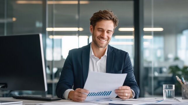 Confident Businessman with Short Brown Hair Reviewing Documents in Modern Office Environment