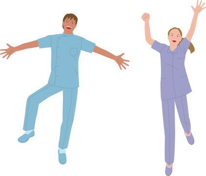 看護師の男性と女性。元気で働くイメージのイラスト。