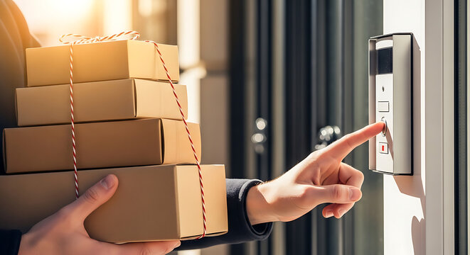 A delivery person rings the doorbell while holding a stack of packages.