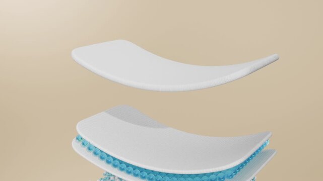 3D close-up animation showing detailed layers of baby diaper structure. Each material layer is separated clearly, highlighting absorbent core, surface layer, and leak protection system, diaper adverti