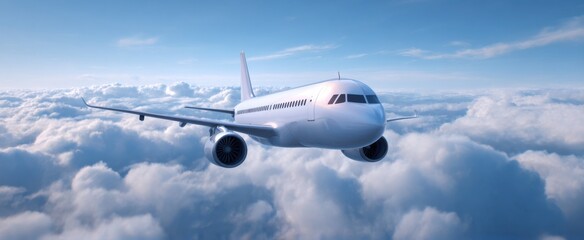 Fototapeta premium Modern aircraft soaring above clouds in a clear daylight sky.