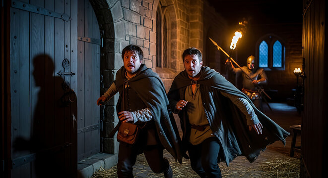Two frightened men wearing historic tunics flee in terror through a dark medieval castle corridor during a night pursuit, expressing intense panic and dread while running from danger.
