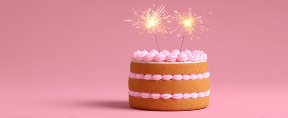 Fototapeta premium Three-layered pink birthday cake with sparklers perfect for celebrations on a light backdrop
