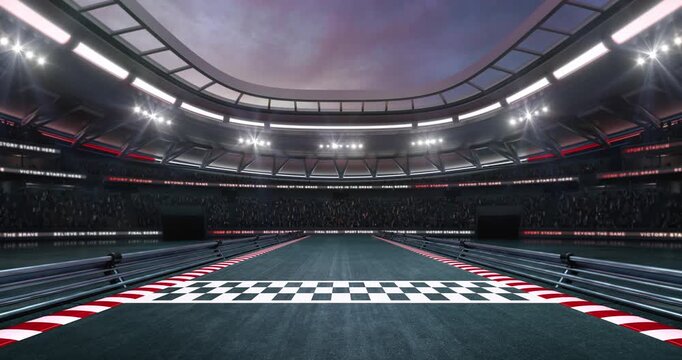 Finish line at a sports racing circuit with shining spotlights and fans ready for the upcoming grand sporting event. Loopable professional sports advertisement video background.