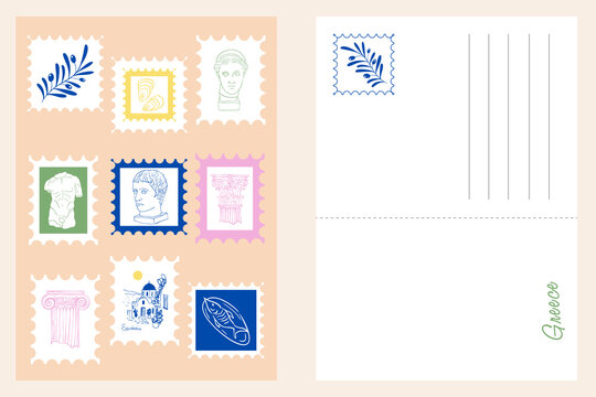 Greek Postcard with Stamp Design, Colomn, Olive, Food, Ancient Statue, Travel Mediterranean