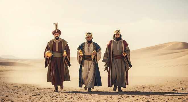Majestic biblical magi journeying across sun-drenched dunes of a vast arid desert landscape bearing sacred gold frankincense and myrrh gifts for the epiphany.