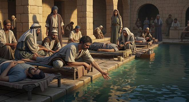 Biblical Scene of the Healing of the Paralyzed Man at the Pool of Bethesda in Jerusalem, Miraculous Recovery of an Ailing Person in Ancient Israel, Evangelical Christian Religious Art.