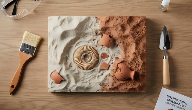 Archaeology hands-on dig replica for International Museum Day concept featuring an ammonite fossil and broken pottery shards in sand on a wooden table