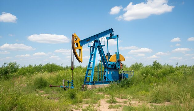 A blue and yellow oil pumpjack operating in a green field under a clear blue sky, symbolizing the intersection of industry and nature.