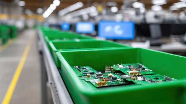 Close-Up Eye Level Shot of Green Baskets Containing Circuit Boards in a Modern Electronics Manufacturing Facility