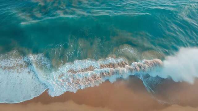 Aerial view of turquoise ocean waves crashing on a sandy beach, cinematic drone shot of tropical sea water and white foam, serene coastal landscape for travel and vacation backgrounds