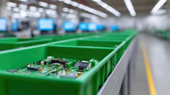 Detailed View of Green Bins Holding Circuit Boards in a Modern Electronics Manufacturing Facility with Focus on Production Efficiency
