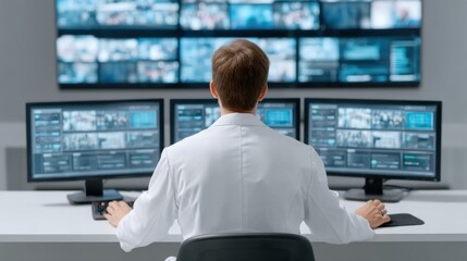 Fototapeta premium Man in White Coat Focused on Multiple Computer Screens Displaying Data Analytics in a Modern Control Room Setting