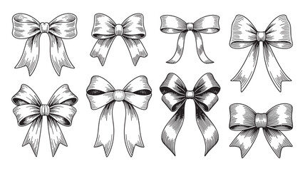 Detailed vintage sketch bow ribbon set for elegant gift packaging, wedding decoration, fashion accessory design, holiday greeting card, and classic branding applications © Ibrahim
