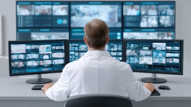 Detail of a man in a white coat sitting at a desk, reviewing multiple computer screens filled with data and images in a modern office environment