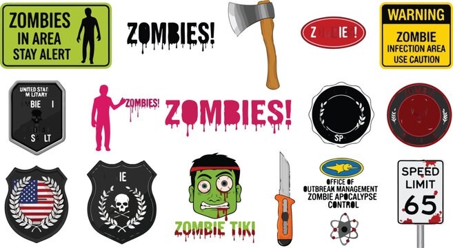 Zombie apocalypse survival kit vector set, horror warning signs and outbreak icons, undead tiki head and bloody weapons collection for gaming