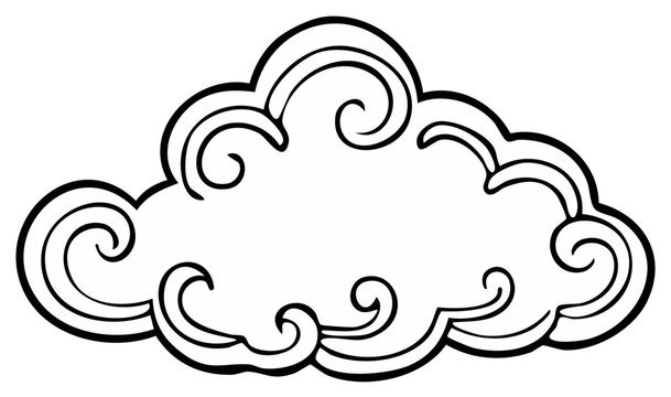 Stylized Cloud Illustration with Swirls and Ornate Details in Black and White