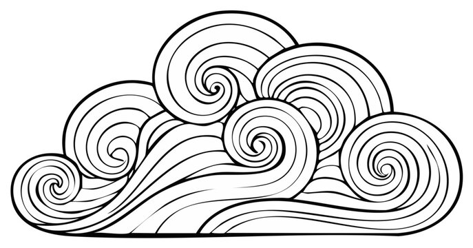 Stylized Swirling Cloud Shape with Flowing Lines in Black and White Outline