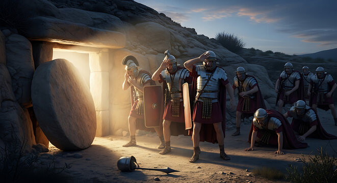 Terrified Roman soldiers cowering in awe at the entrance of the empty stone tomb of Jesus Christ during the miraculous divine Resurrection event in an ancient dark cave with celestial light.