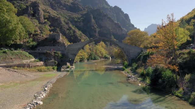 Historic Konitsa Bridge spanning the Aoos River in northwestern Greece single arch stone