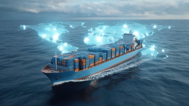 Large cargo ship navigating through dynamic maritime scene with world map overlay, highlighting global trade and shipping connections in a serene ocean setting