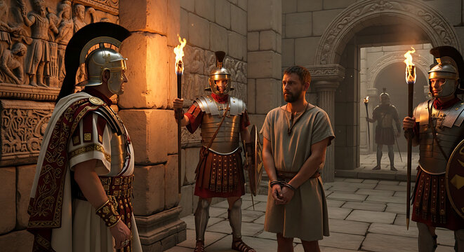 Dramatic Biblical scene of a Roman centurion official interrogating a chained prisoner within a dark stone temple corridor illuminated by flickering torchlight and glowing embers.