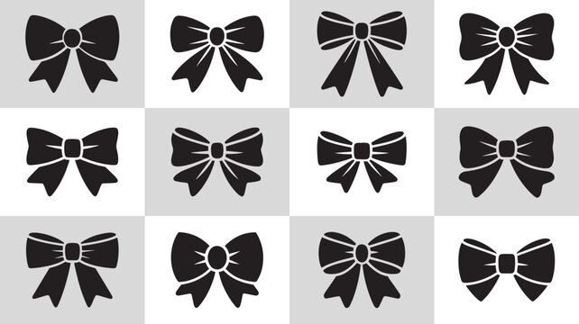 Decorative bow ribbon silhouette icon set for gift packaging design, holiday celebration, fashion accessory branding, greeting card decoration, and festive merchandise