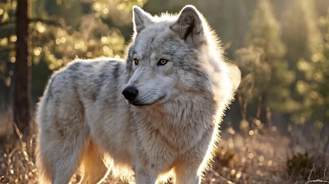Large white arctic wolf with amber eyes standing in a pine forest at sunset, golden sunlight backlighting the animal's thick fur as it stares forward in a wilderness landscape.