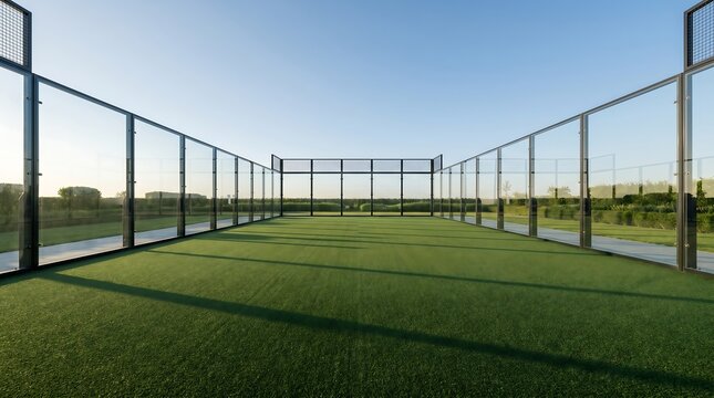 Empty cricket net enclosure on green field