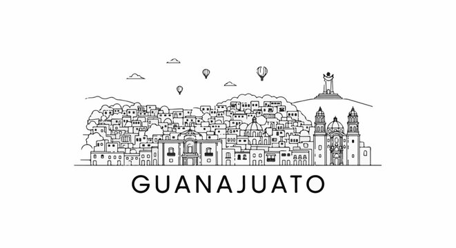 Detailed line drawing of a hillside city with balloons and a monument