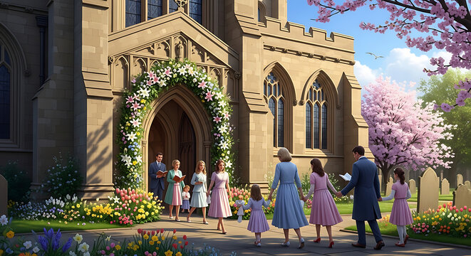 Faithful Christians enter a historic stone church decorated with spring flowers for a traditional Easter Sunday resurrection service under a bright sunny sky during a religious holiday event