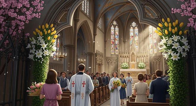 Christian parishioner and a clergyman entering a traditional church through a beautiful floral arch for a celebratory Easter Sunday service at a local religious parish community.