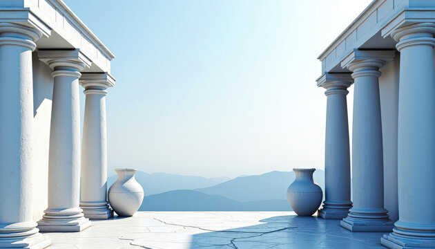 Bue background with amphorae and pillars. Ancient Greece empire textured wallpaper. Copy space