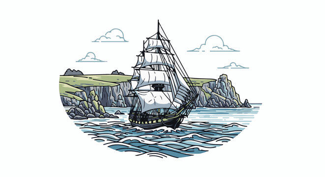 Sailing ship navigates choppy seas near rugged coastal cliffs under a sky with clouds