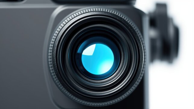 Camera lens closeup. Black plastic housing surrounds glass element. Bright blue highlights reflect within optical system. Focus appears sharp.