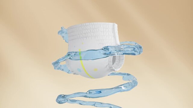 3D animation of baby pull-up diaper rotating 360 degrees with flowing water surrounding the product. Water motion highlights fast absorption, dryness, and protection, ideal for diaper advertising.