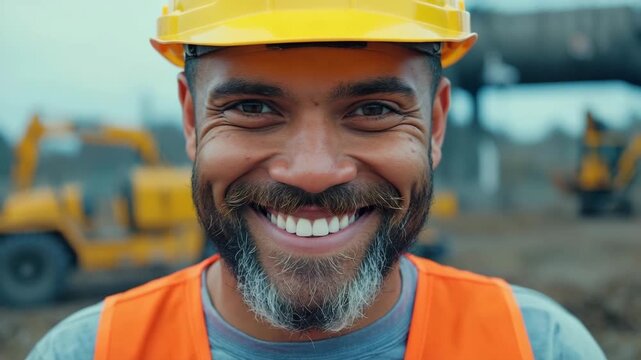 Smiling male construction worker in yellow hard hat and safety vest at work site