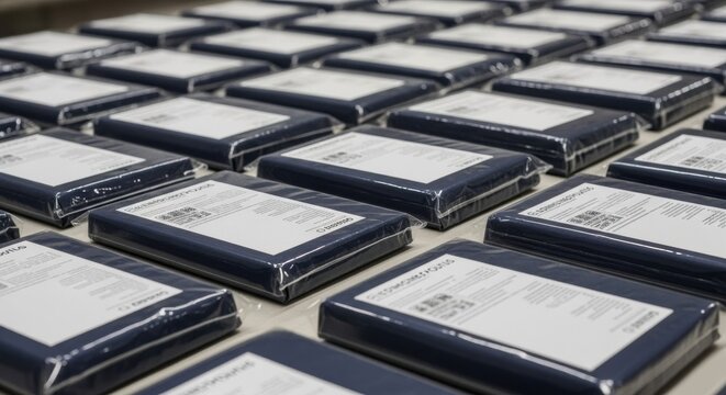 Multiple dark blue rectangular packages wrapped in clear shrink-wrap plastic with white labels and QR codes, neatly arranged in uniform grid rows for logistics and shipping.