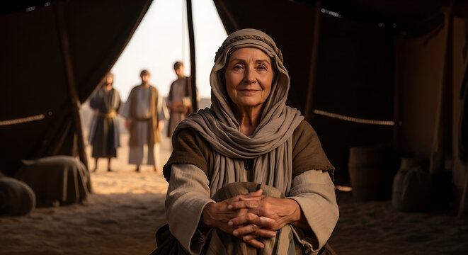 Elderly female figure with peaceful countenance resting inside a rustic canvas pavilion while hazy male shadows linger in the distance during an ancient historical biblical narrative era.