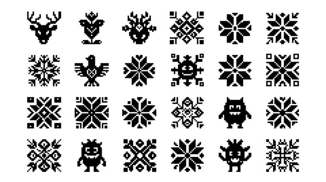 Minimalist pixel art black and white icon set with diverse geometric patterns, winter snowflakes, abstract designs, and charming animal and monster characters