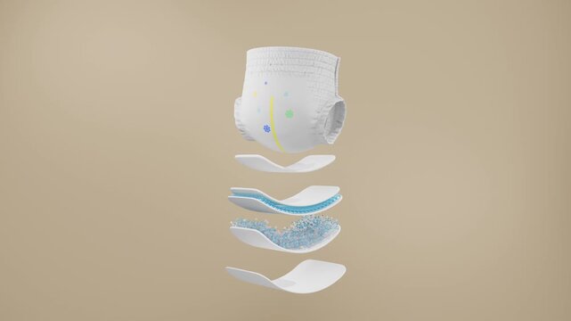 3D animation of baby pull-up diaper rotating 360 degrees, exploded view showing internal layers. Each layer is clearly revealed, highlighting absorption, structure, and protection.