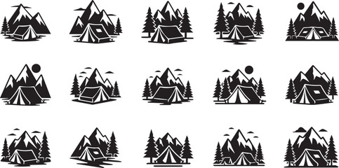Fototapeta premium Camping Tent and Mountain Peak Icon Set for Outdoor Adventure