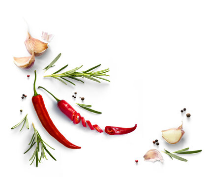 Fresh herb rosemary and red chilli pepper isolated on white background. Transparent background and natural transparent shadow; Ingredient, spice for cooking. collection for design