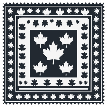 Stylized Maple Leaf Quilt Pattern Design with Borders in Black and White