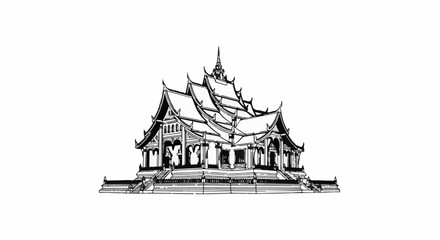 Fototapeta premium Ornate multi-tiered roofed structure with intricate detailing, rendered in black and white