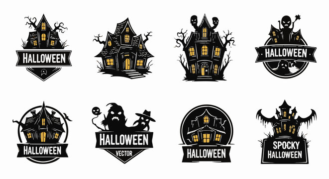 Spooky haunted houses with glowing windows and Halloween text