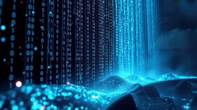 Digital rain descends upon landscape. Binary code streams, creating futuristic scene. Glowing blue hues dominate dark background.