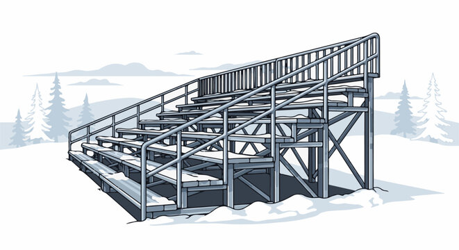Snow-covered stadium bleachers stand amidst a winter landscape with trees