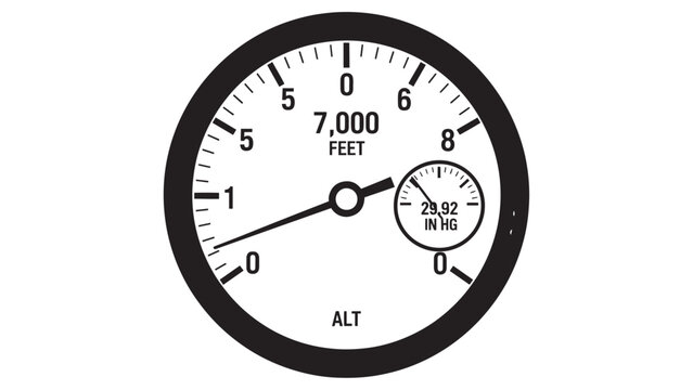 Close-up of an aircraft altimeter gauge showing altitude and pressure readings.