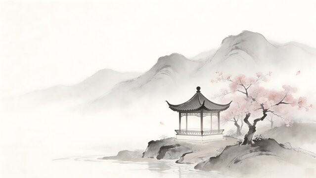 Traditional Asian landscape with pavilion and cherry tree